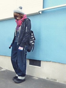 「チェックマフラー」｜「アイテム（オールインワン・サロペット）」を使った、あゆみっくすさん（レディース・167cm）の冬コーディネート