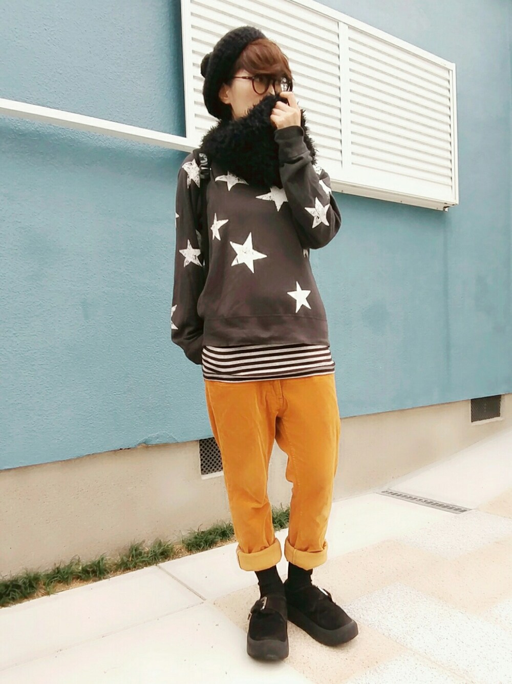 「星柄、星条旗、トレーナー、スウェット、コーデュロイ、WEAR HALLOWEEN 2016」｜「🎵のアイテム（その他、その他）」を使った、あゆみっくすさん（レディース・164cm）の秋コーディネートの1枚目の写真