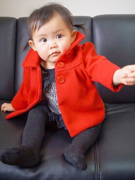 「OLD NAVY（オールドネイビー）のアイテム（ダウンジャケット/コート、レッド系）」を使った、saraさん（キッズ・80cm）の冬コーディネート