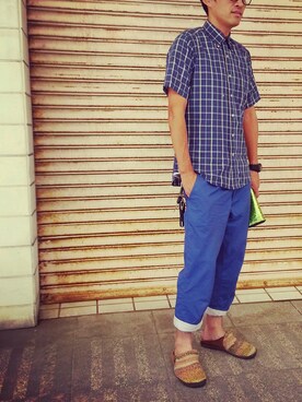 「GU（ジーユー）のアイテム（パンツ、ブルー系）」を使った、giallorossiさん（メンズ・175cm）の夏コーディネート