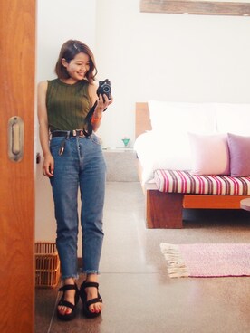 「UNITED ARROWS（ユナイテッドアローズ）のUWMM ウエスタンベルト ◆（ベルト）」を使った、猪鼻ちひろさん（レディース・150cm）の夏コーディネート