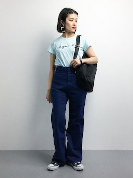 「Three Four Time（ｽﾘｰﾌｫｰﾀｲﾑ）のアイテム（バックパック/リュック）」を使った、ハマアイさん（レディース・161cm）の夏コーディネート