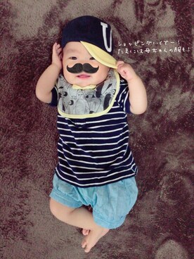 「abcd（ナシ）のアイテム（キャップ）」を使った、ベビまんさん（キッズ・70cm）の夏コーディネート