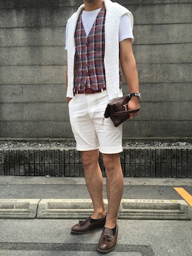 「アイテム（ベスト、レッド系）」を使った、ニックDさん（メンズ・177cm）の夏コーディネート