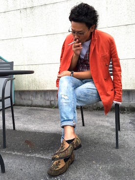 「アイテム（ベスト、レッド系）」を使った、ニックDさん（メンズ・177cm）の秋コーディネート