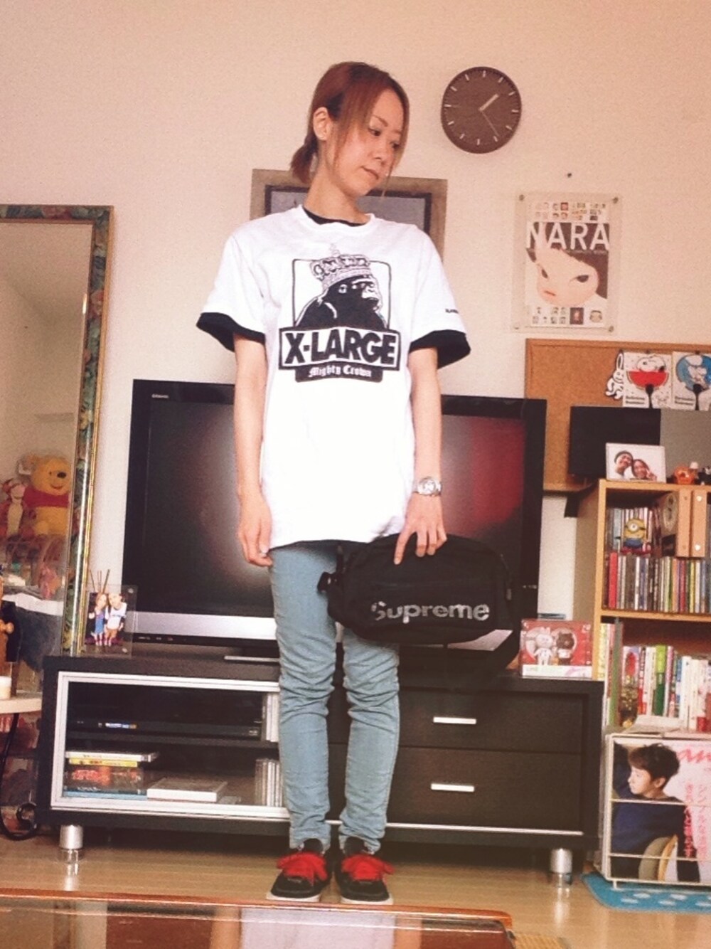 「VANS、LEE、supreme、XLARGE、XLARGE®、Supreme(シュプリーム)、ORIENT」｜「XLARGEの
（Tシャツ/カットソー、ホワイト系）」を使った、aya_3104さん（レディース・156cm）の夏コーディネートの1枚目の写真
