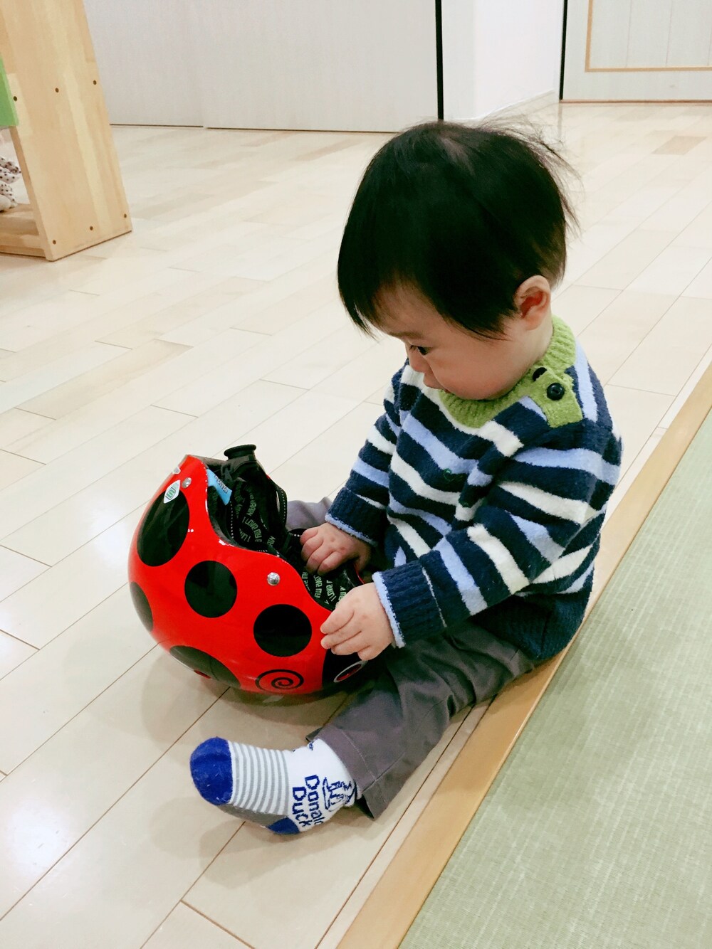 ブルー系のニット/セーター、グレー系のその他パンツ、ブルー系のソックス/靴下を着用したレディースの冬コーディネートの1枚目の写真