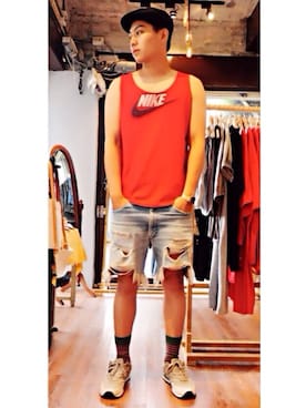 「red」｜「アイテム（キャスケット）」を使った、sさん（メンズ・177cm）の夏コーディネート