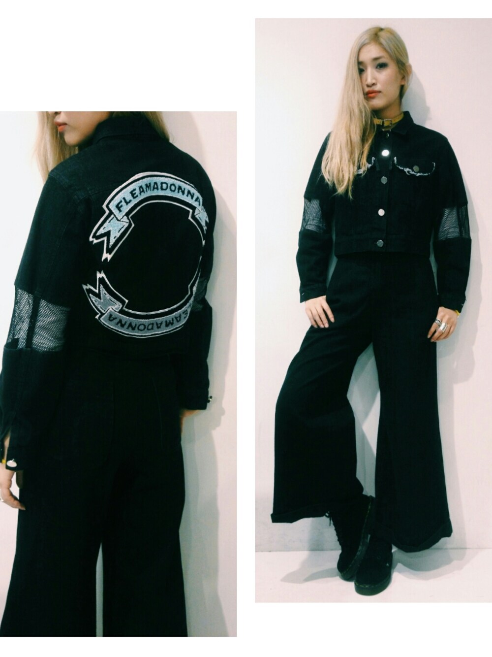 「fleamadonna、denim、widepants、BLACKDENIM、Vargas、choker、cannabis_ladies、ファッション手当」｜「fleamadonnaのfleamadonna BLACK DENIM JACKET（デニムジャケット、ブラック系）」を使った、sakura_yokomachiさん（レディース・172cm）の春コーディネートの1枚目の写真
