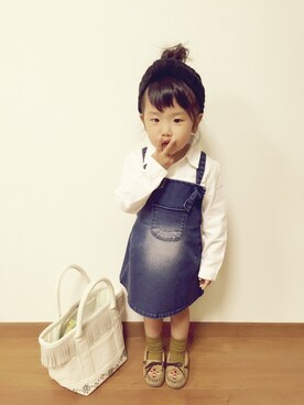 「サロペットスカート」｜「アイテム（モカシン/デッキシューズ）」を使った、＊れん・のん＊さん（キッズ・100cm）の秋コーディネート