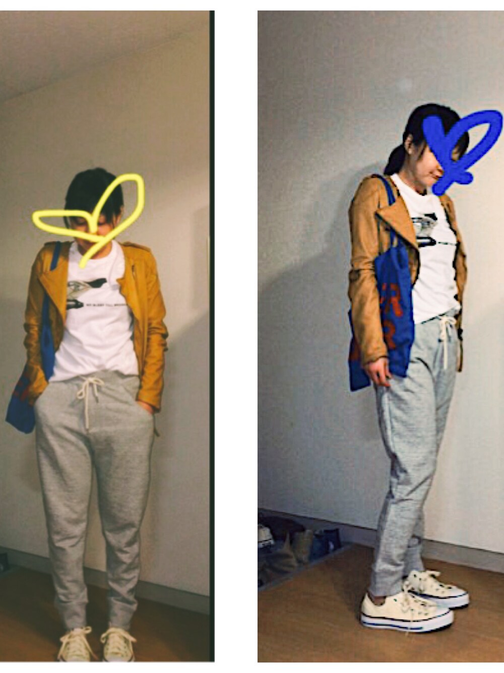 「レザージャケット、UNIQLO、Beastie Boys、スウェットパンツ、LOWRYS FARM、converse、ALL STAR、FLYING TIGERS、エコバッグ」｜「FiLLY O｀ LYNXのアイテム（ライダースジャケット、その他）」を使った、hannahさん（レディース・157cm）の春コーディネートの1枚目の写真