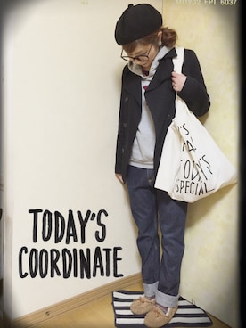 「インディゴデニム」｜「アイテム（ハンチング/ベレー帽）」を使った、izuさん（レディース・157cm）の冬コーディネート