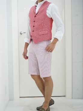 「アイテム（スーツベスト、ピンク系）」を使った、portarossaさん（メンズ・171cm）の夏コーディネート