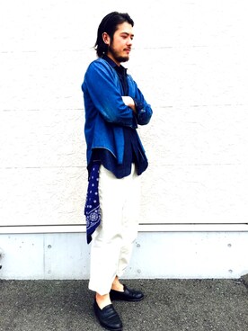 「ブルー x ホワイト」｜「アイテム（その他シューズ）」を使った、Hatanakaさん（メンズ・183cm）の春コーディネート