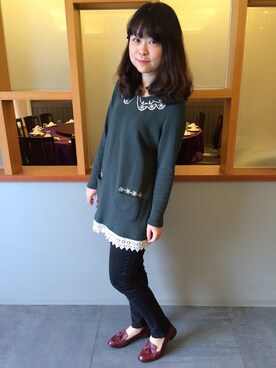 「NICE CLAUP（ナイスクラップ）のアイテム（ワンピース、グリーン系）」を使った、Rubyさん（レディース）の冬コーディネート
