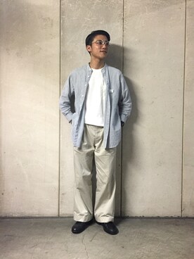 西川卓さんの「パナマバンドカラーシャツ」を使ったコーディネート