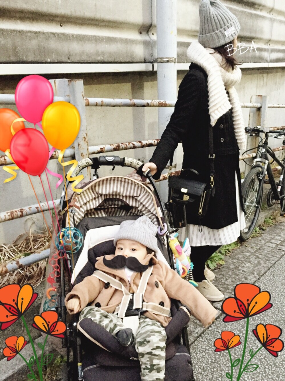 「リンクコーデ」｜「MARKEY'Sのアイテム（ピーコート、ベージュ系）」を使った、AC ACさん（キッズ・70cm）の冬コーディネートの1枚目の写真