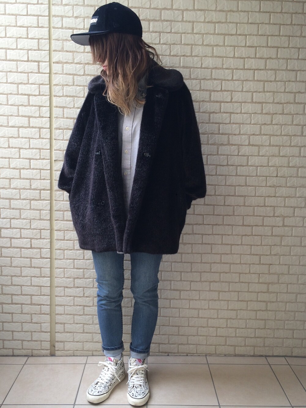 「supreme、THEATRE PRODUCTS、Richardson、APC、VANS、ＳＮＯＯＰＹ　」｜「Supreme のアイテム（キャップ、ブラック系）」を使った、Nさん（レディース・163cm）の冬コーディネートの1枚目の写真
