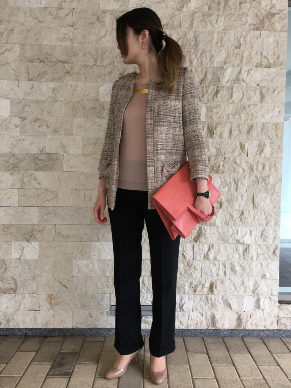 「kaon、AMBELL、MIHARAYASUHIRO、Martin Margiela、VERONIQUE BRANQUINHO、入園式」｜「Kaonのアイテム（ノーカラージャケット、ピンク系）」を使った、Nさん（レディース・163cm）の春コーディネートの1枚目の写真