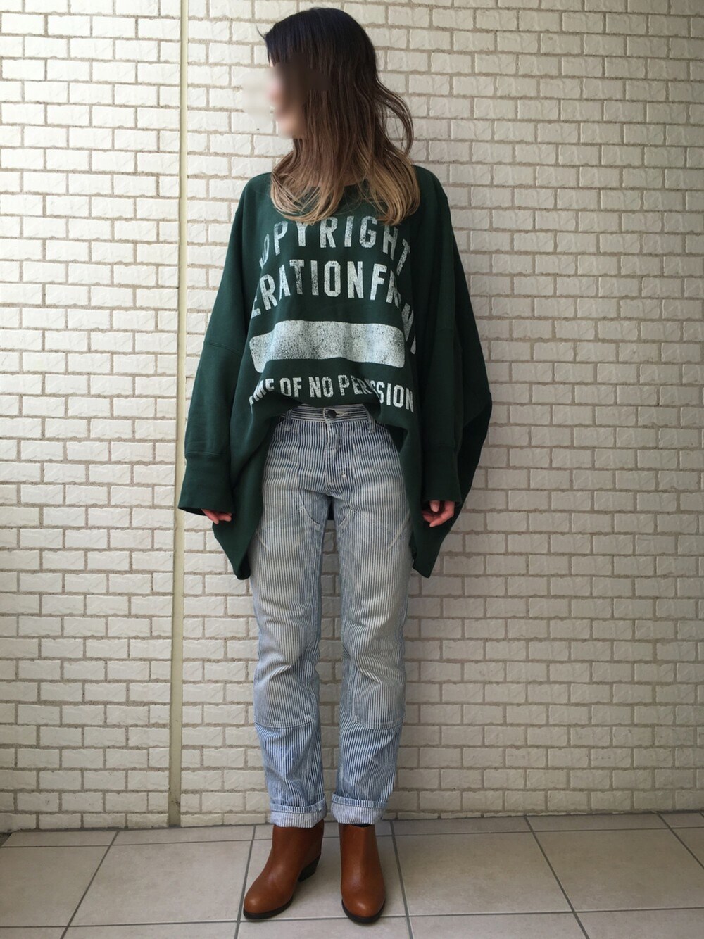 「SASQUATCHfabrix、NUMBER (N)INE、MM6」｜「SASQUATCHfabrix.のアイテム（スウェット、グリーン系）」を使った、Nさん（レディース・163cm）の春コーディネートの1枚目の写真