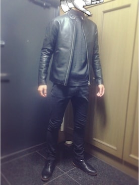 「全身黒」｜「アイテム（ライダースジャケット）」を使った、KEITAROさん（メンズ・176cm）の冬コーディネート