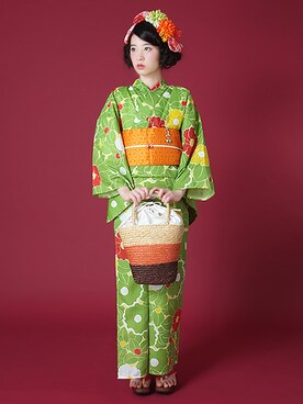 「アイテム（浴衣、グリーン系）」を使った、KIMONOMACHIさん（レディース・168cm）の夏コーディネート