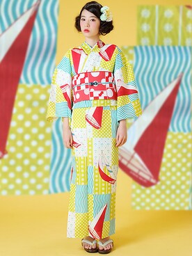 「アイテム（浴衣、グリーン系）」を使った、KIMONOMACHIさん（レディース・168cm）の夏コーディネート