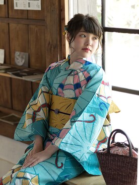 「アイテム（浴衣、グリーン系）」を使った、KIMONOMACHIさん（レディース・159cm）の夏コーディネート