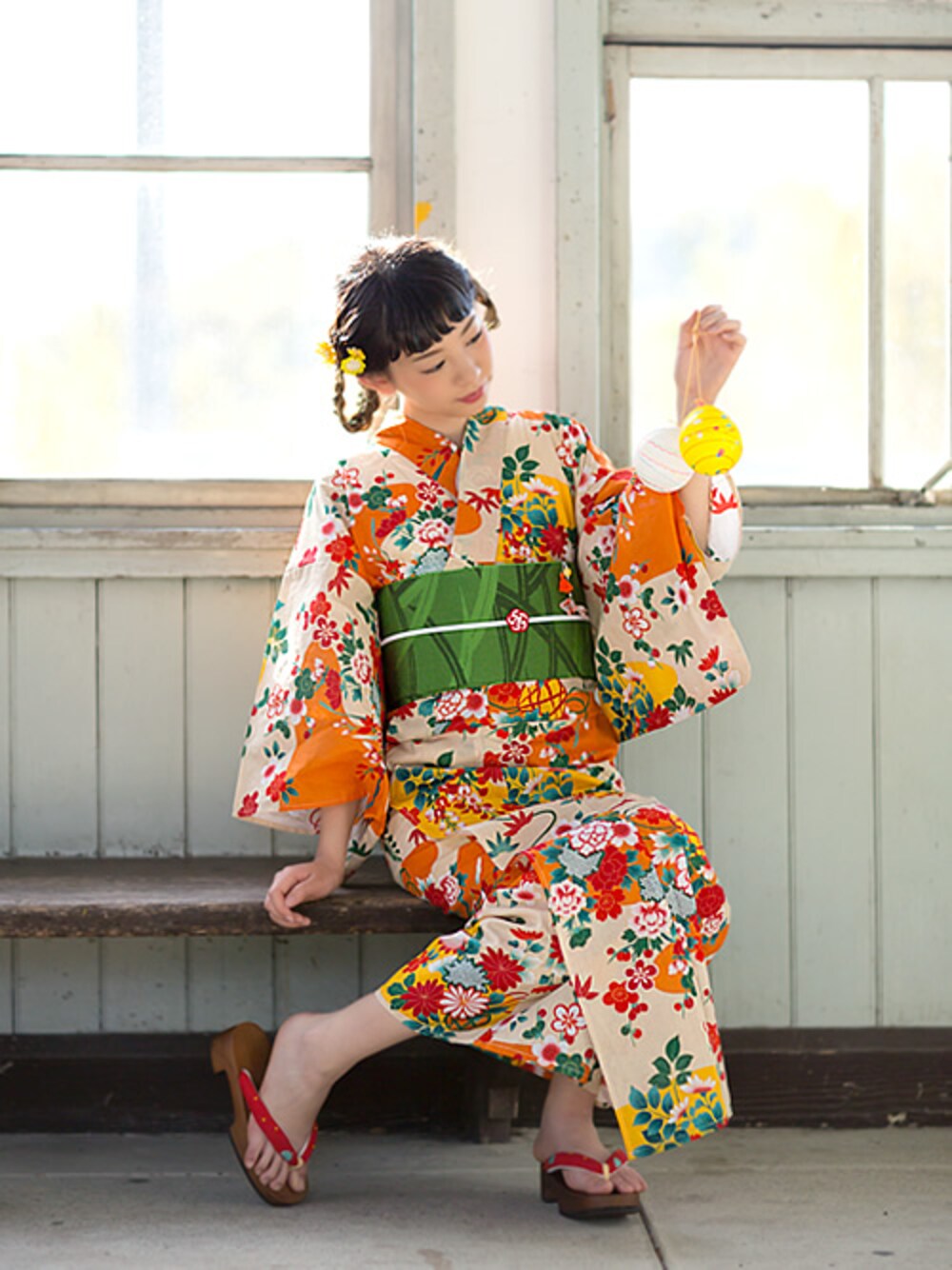 KIMONOMACHIさんの「浴衣福袋4点Set「夏色美人」浴衣19：オレンジ 夢古典（kimonomachi）」を使ったコーディネート