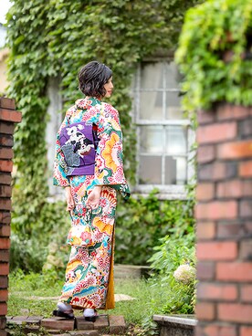 「アイテム（浴衣、グリーン系）」を使った、KIMONOMACHIさん（レディース・167cm）の秋コーディネート