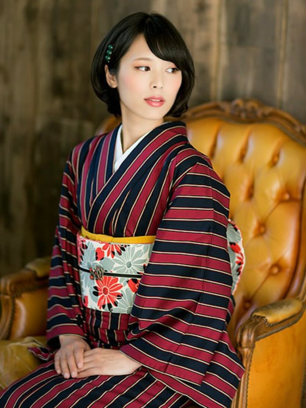 KIMONOMACHIさんの「【2016年版】木綿着物 20エンジ縞（kimonomachi）」を使ったコーディネート