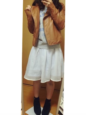 「オーガンジー」｜「アイテム（ライダースジャケット）」を使った、みちさん（レディース・152cm）の秋コーディネート