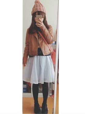 「オーガンジー」｜「アイテム（ライダースジャケット）」を使った、みちさん（レディース・152cm）の春コーディネート