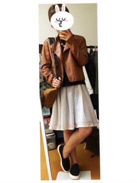 「オーガンジー」｜「アイテム（ライダースジャケット）」を使った、みちさん（レディース・152cm）の春コーディネート