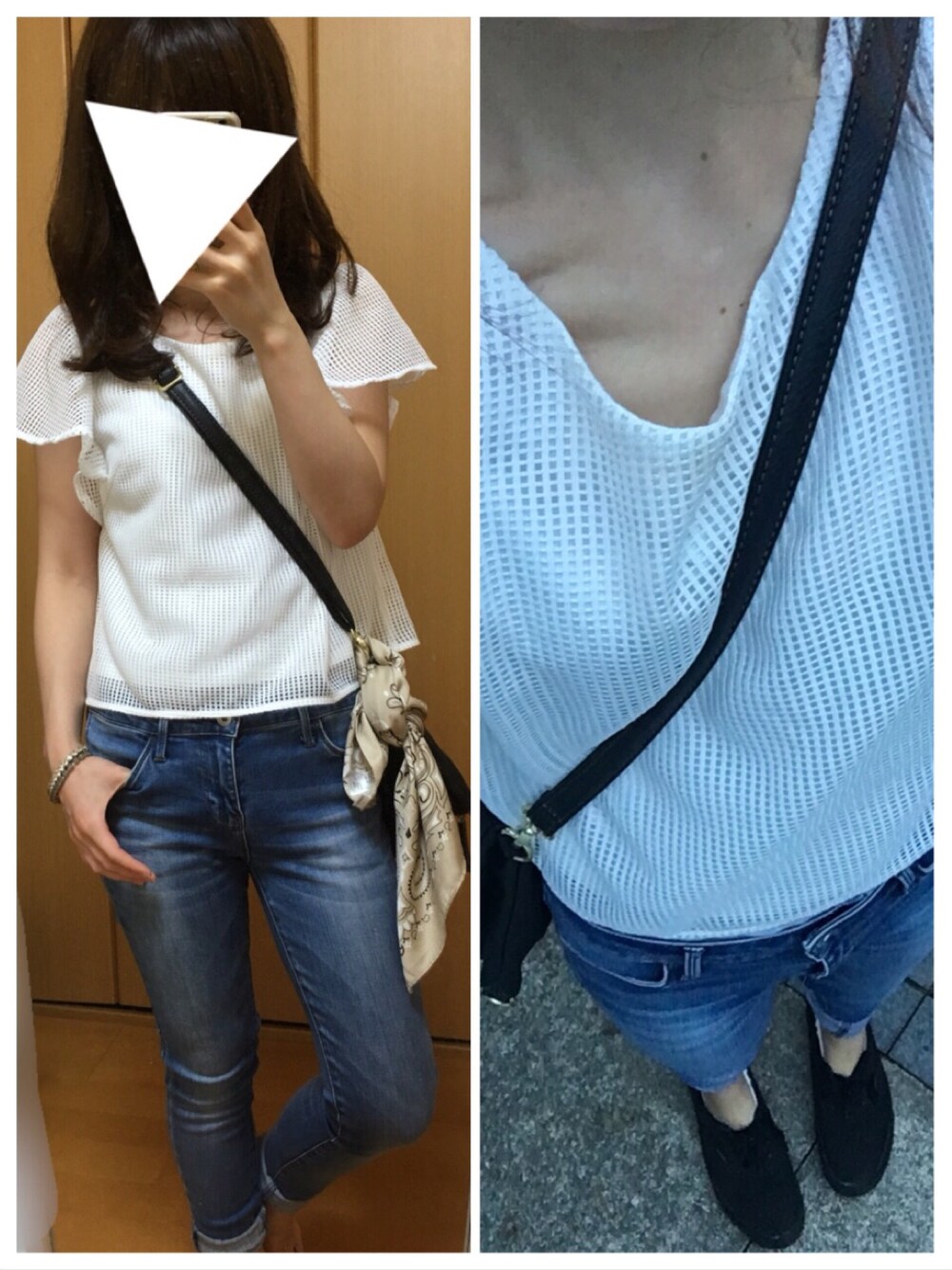 「プチプラ、メッシュ、スキニーデニム、スニーカー、ロールアップ、UNIQLO、ななめがけかばん」｜「CLEARIMPRESSION のアイテム（トップス、ホワイト系）」を使った、みちさん（レディース・152cm）の秋コーディネートの1枚目の写真