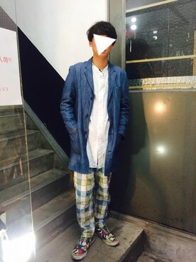 「柄×柄」｜「アイテム（その他アウター）」を使った、こんどうひろきさん（メンズ・168cm）の秋コーディネート