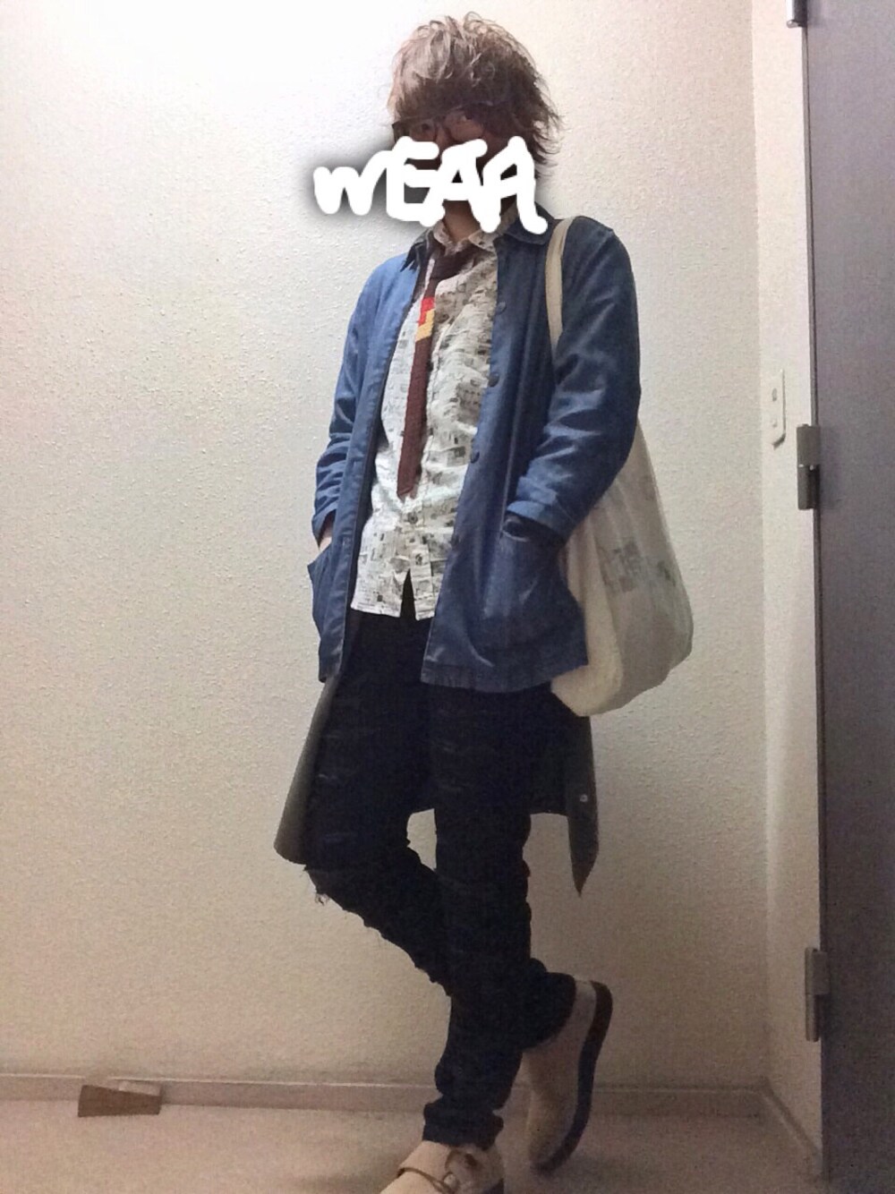 「リメイク、ナロータイ、モンクストラップ、古着MIX、古着、UNIQLO、WEGO、デニム」｜「SPINNSのアイテム（シャツ/ブラウス、ベージュ系）」を使った、H.Sさん（メンズ・169cm）の冬コーディネートの1枚目の写真