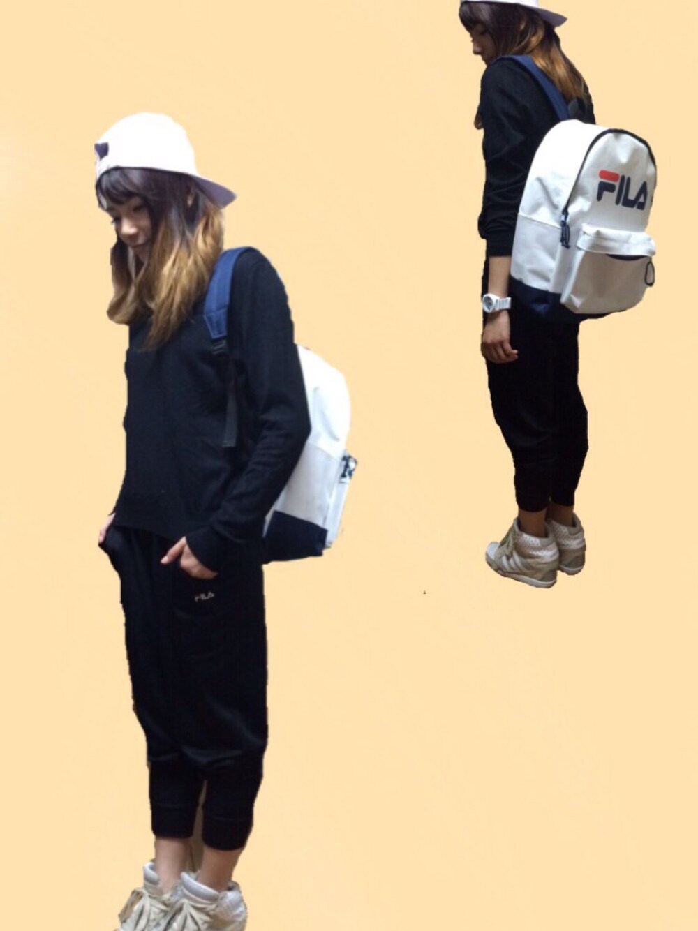「シンプル、モノクロ、ストリート」｜「FILAのアイテム（バックパック/リュック、ホワイト系）」を使った、いしさん（メンズ・172cm）の春コーディネートの1枚目の写真