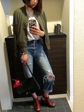 「SLY（スライ）のアイテム（デニムパンツ、ブルー系）」を使った、Minamiさん（レディース・161cm）の春コーディネート