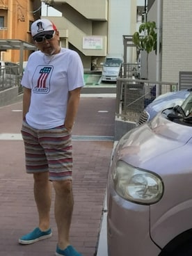 「BACKDROP（バックドロップ）のアイテム（トップス）」を使った、Yutaka Shimaokaさん（メンズ・177cm）の夏コーディネート