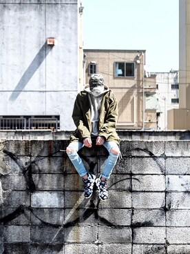 「UNIF（ユニフ）のアイテム（ミリタリージャケット）」を使った、fukiageさん（メンズ・174cm）の春コーディネート