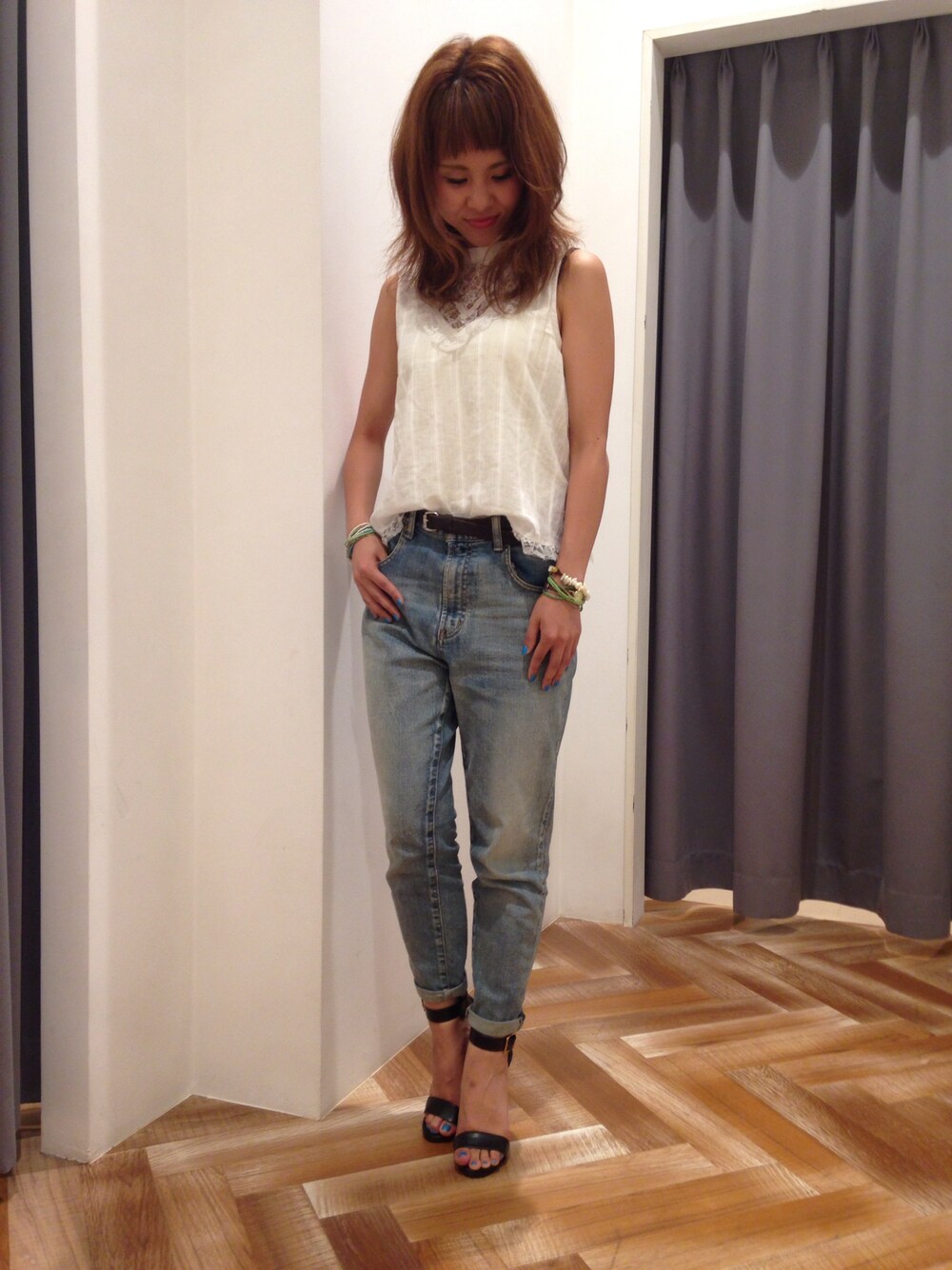 「Ungrid」｜「Ungridのアイテム（シャツ/ブラウス、ホワイト系）」を使った、MIDIさん（レディース・158cm）の夏コーディネートの1枚目の写真