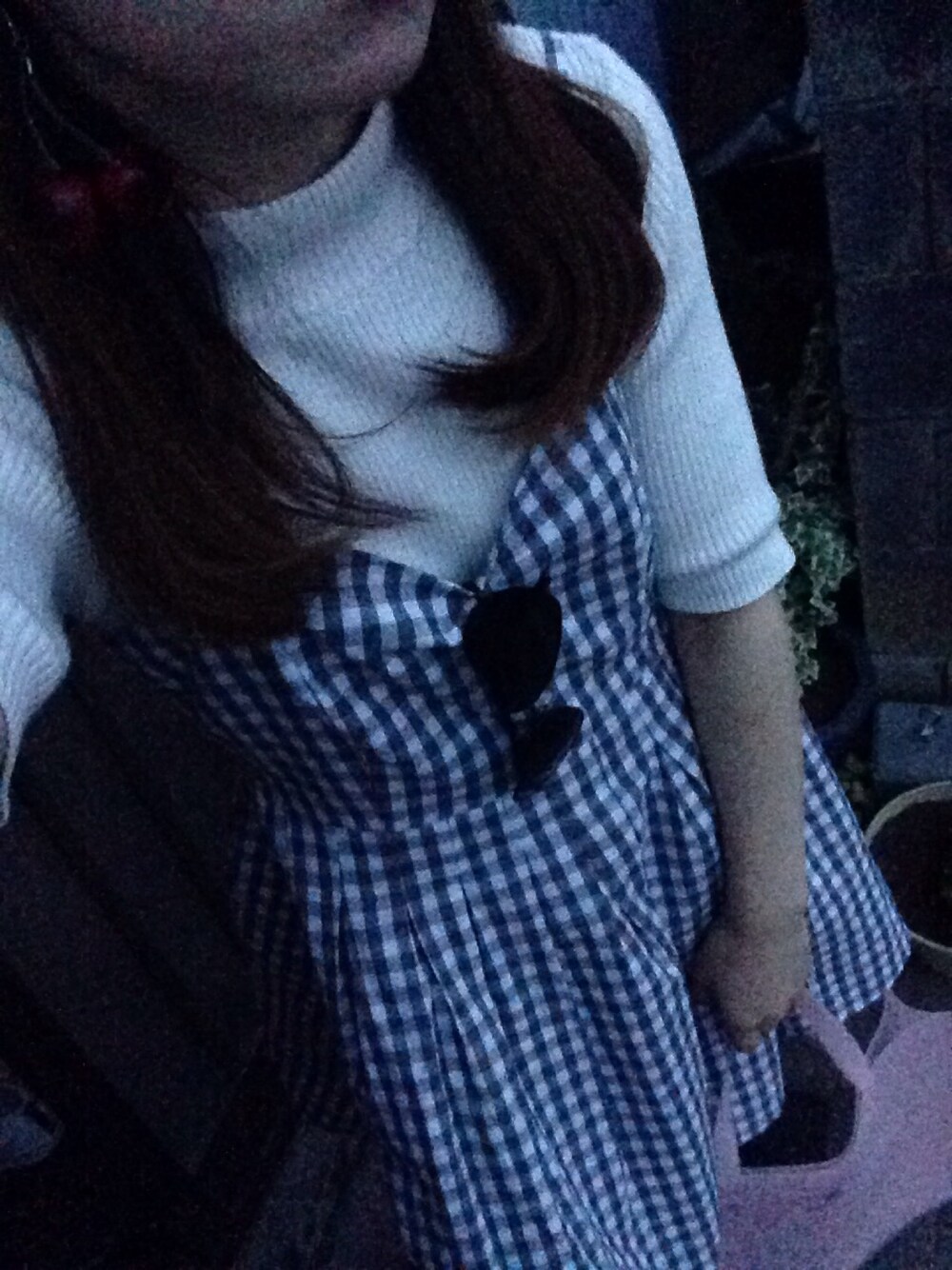 「merryjenny、さくらんぼ、ギンガムチェック」｜「merry jennyのシンプルリブタートルニットＴＯＰＳ（ニット/セーター、ホワイト系）」を使った、めぴさん（レディース・152cm）の春コーディネートの1枚目の写真