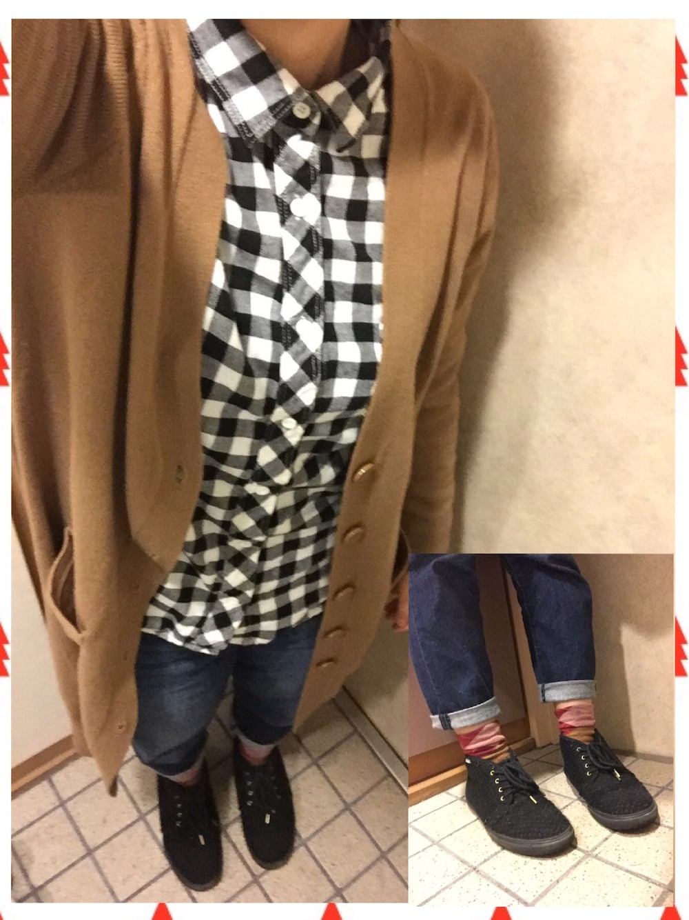 ブラック系のシャツ/ブラウス、ブラウン系のカーディガン/ボレロ、ブルー系のその他パンツを着用したレディースの秋コーディネートの1枚目の写真