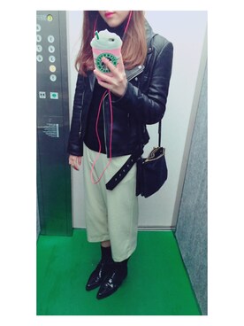 「CELINE」｜「アイテム（ライダースジャケット）」を使った、m_e_gさん（レディース・165cm）の冬コーディネート