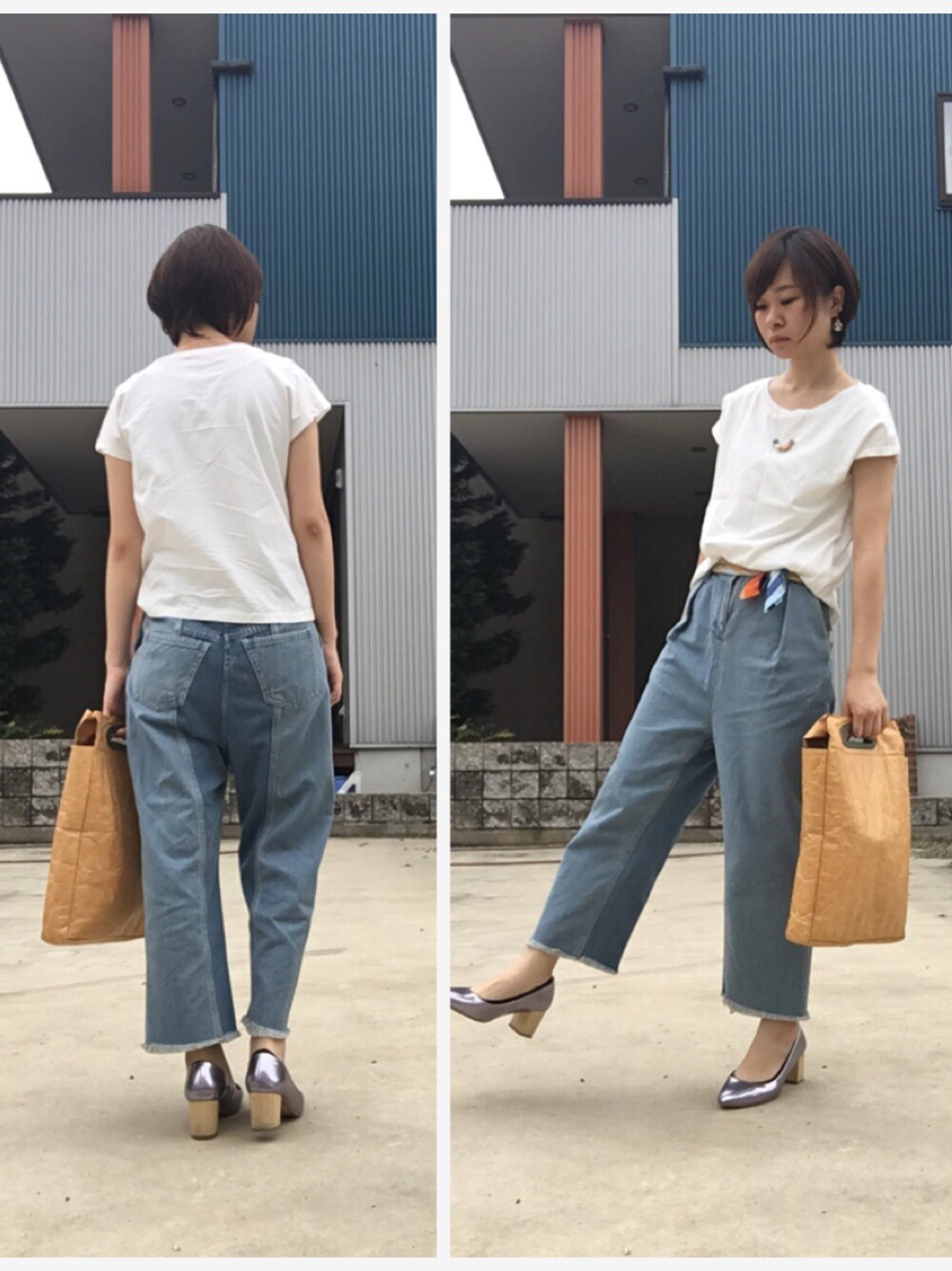 ホワイト系のトップス、ブルー系のパンツ、シルバー系のシューズを着用したレディースの夏コーディネートの1枚目の写真