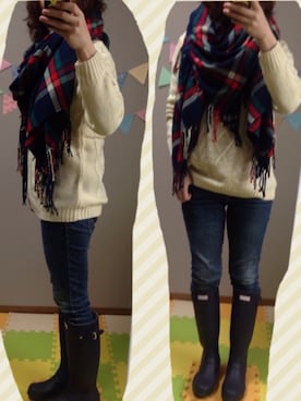「ケーブルニット」｜「アイテム（レインシューズ）」を使った、A&littleHさん（レディース・159cm）の秋コーディネート
