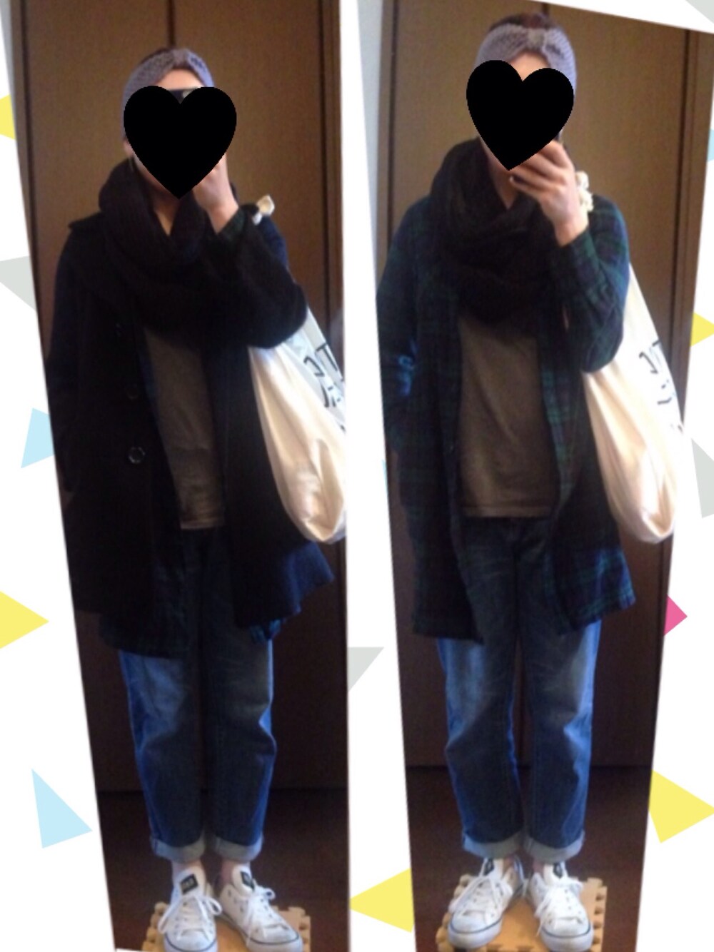 「スヌード、UNIQLO、Aラインコート、ボーイフレンドデニム、GU、Today's special、ナノユニバース、コンバース オールスター、チェックワンピース、ターバンリボン」｜「GUの半袖ポケットTシャツ(カーキ)（Tシャツ/カットソー、グリーン系）」を使った、A&littleHさん（レディース・159cm）の冬コーディネートの1枚目の写真