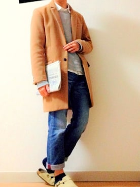 「アイテム（チェスターコート、イエロー系）」を使った、coさん（メンズ・173cm）の冬コーディネート