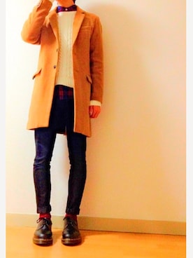 「アイテム（チェスターコート、イエロー系）」を使った、coさん（メンズ・173cm）の冬コーディネート